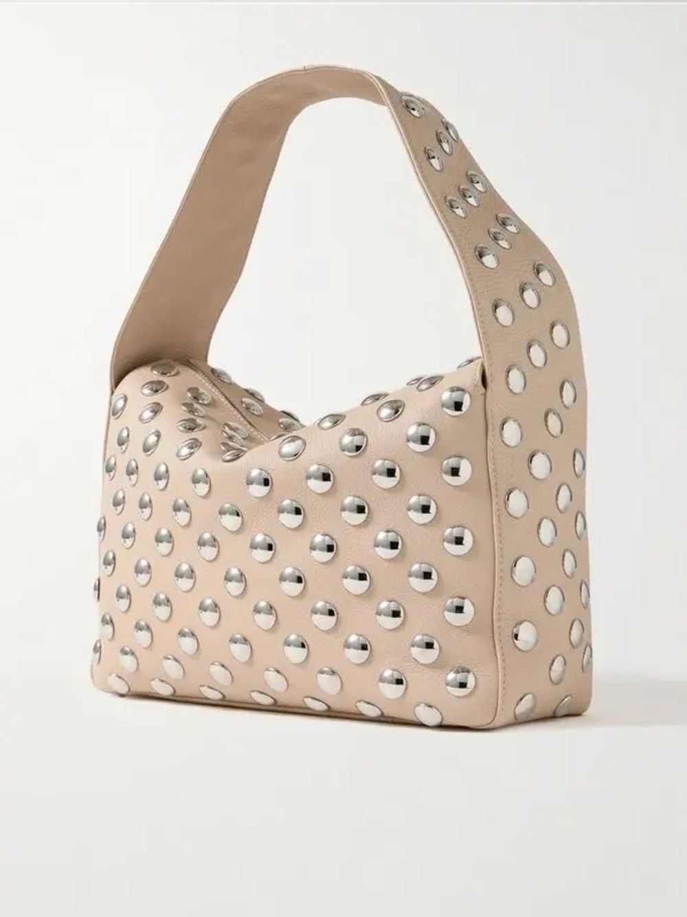 Silver Studded Cream Faux Leather Shoulder Bag